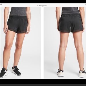 Athleta Black Mesh Racer Run Short, Mid-rise, 4” inseam.